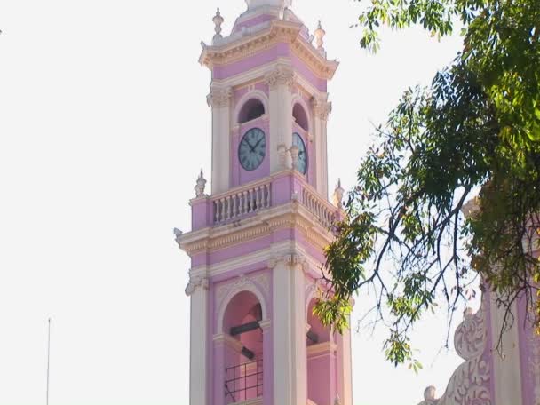 Una torre de reloj rosa — Vídeo de stock