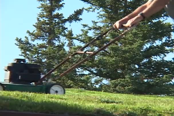 Человек пользуется газонокосилкой — стоковое видео