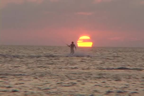 Un windsurfista navega por el agua en silueta contra el sol . — Vídeo de stock