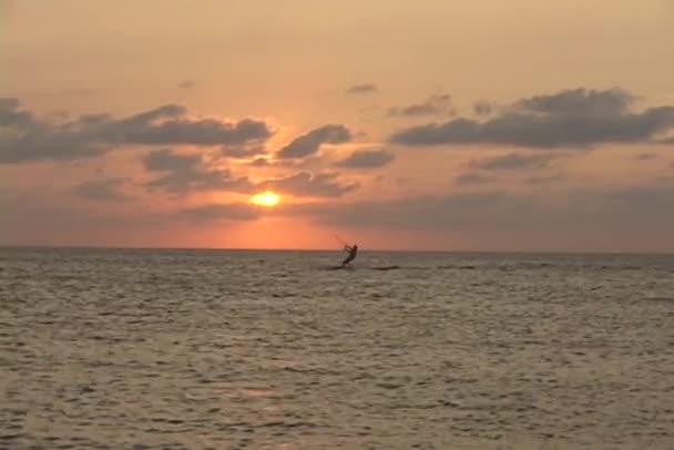 Windsurfisti navigare attraverso l'acqua durante l'ora d'oro . — Video Stock