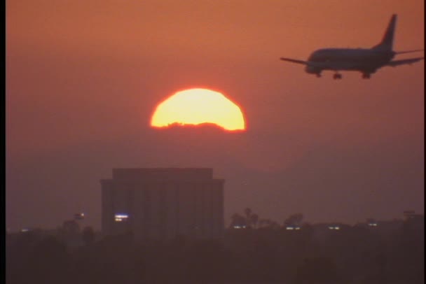 Vliegtuig vliegt in de zonsondergang — Stockvideo