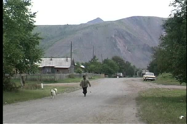 人和狗一起走一条乡间小路 — 图库视频影像