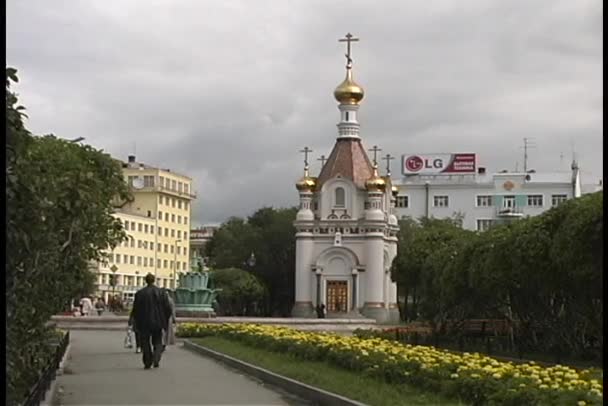 People walk down flowered pathway — Stock Video