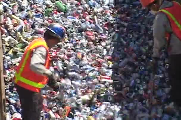 Workers rake aluminum cans — Stock Video