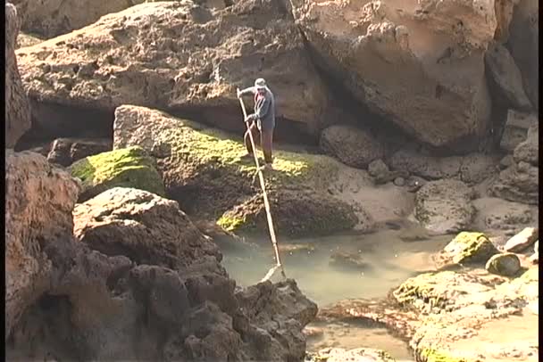 Einsamer Fischer taucht seine Angelrute — Stockvideo