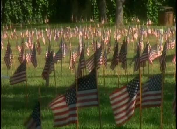 Soldatenfriedhof mit amerikanischen Flaggen — Stockvideo