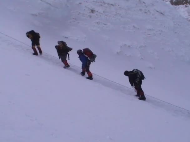 Escaladores ascendem a uma encosta gelada — Vídeo de Stock