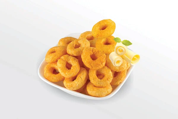 Puffed Corn Rings Cereal Ring Pile Crispy Corn Puff Chips — Stock Photo, Image