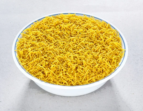 Besan Sev Comida Tradicional India Gujrati Hora Del Snack Namkeen —  Fotos de Stock