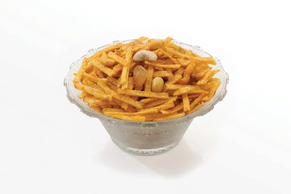 Farali Chivda Phalahari Chiwda Zoet Zout Gefrituurde Pittige Aardappelfrietjes Pinda — Stockfoto