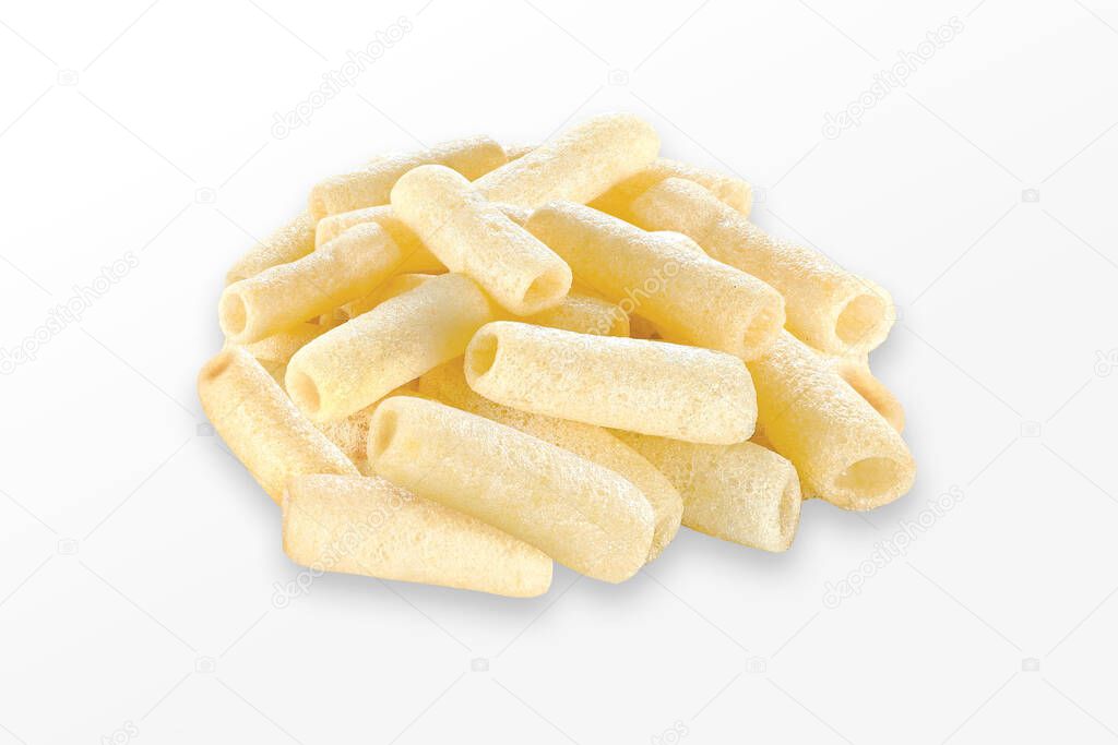 Crispy and Crunchy Salty Wheat Noodles, yellow salted pipe, Refill, Fryums or Frymus, Fried and Spicy Snack Food, Selective Focus - Image