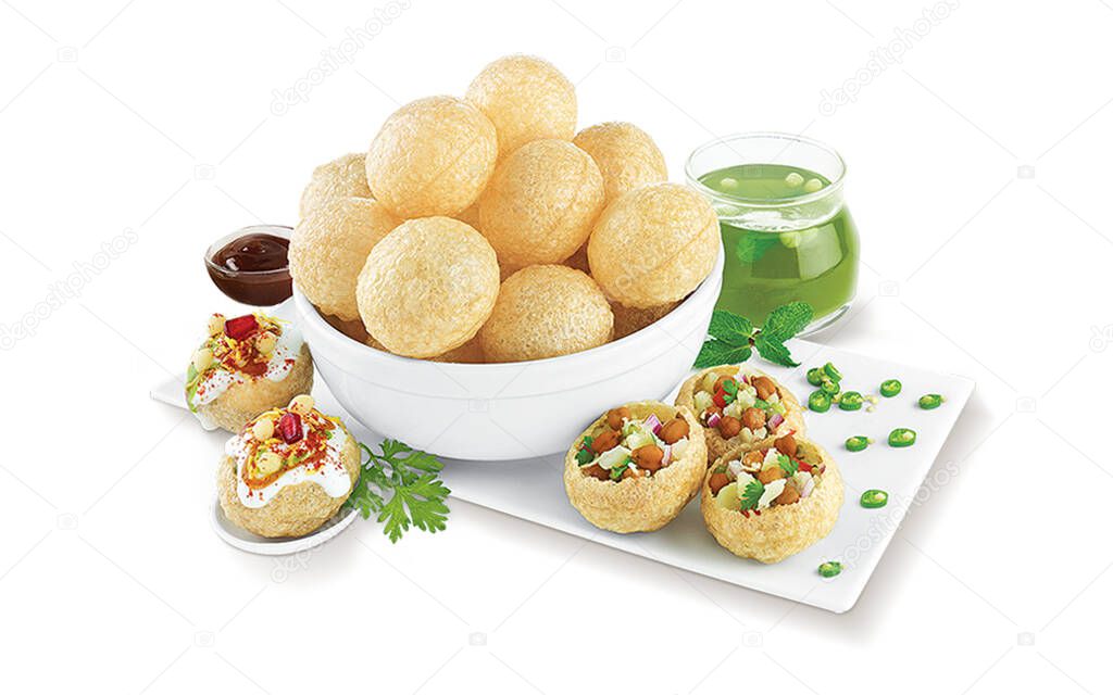 The Traditional Indian food Pani puri or Golgappe, Sev Puri, Chat, bhel puri, Panipuri, Golgappa is a street Food from India. - Image