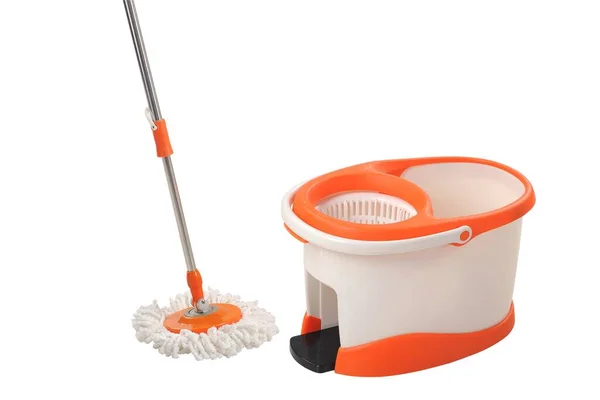 Bucket Cleaning Products Mop Floor White Background — Stock Photo, Image