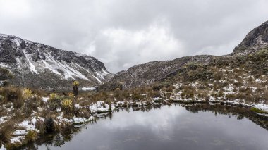 Lagoon located in the Los Nevados National Natural Park in Colombia. Nevado del Ruiz. with a background of rocks and ice. clipart