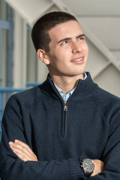 Young Man Standing Front Metalic Structure — Stock Photo, Image