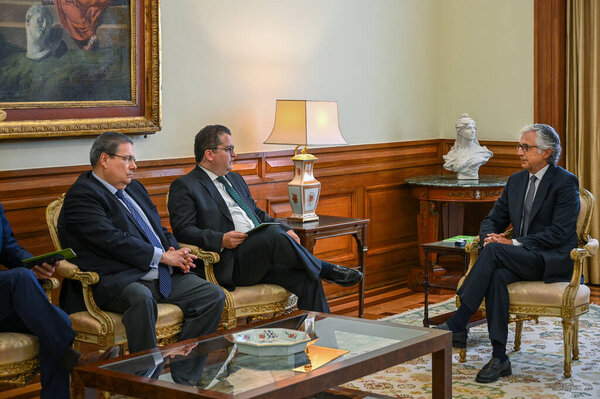 Lisbon, Portugal. 9 October 2025. Portuguese Finance Minister Joaquim Miranda Sarmento together with Jose Pedro Aguiar Branco, President of Parliament, during the delivery of the State Budget 2026 proposal at the Assembleia da Republica in Lisbon. 