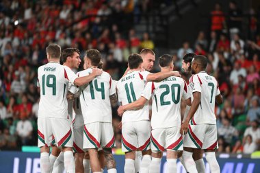 Lizbon, Portekiz. 14 Ekim 2025. Macaristan 'ın oyuncuları bu golü Portekiz' de oynanan FIFA Dünya Kupası 2026 elemelerinde Macaristan 'a karşı Lizbon' daki Estadio Jose Alvalade 'de kutladılar.. 
