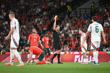 Lizbon, Portekiz. 14 Ekim 2025. Srdjan Jovanovi (SRB) maçın hakemi, Portekiz 'de oynanan FIFA Dünya Kupası 2026 elemelerinde Macaristan' a karşı Lizbon 'daki Estadio Jose Alvalade' de sarı kart gösteriyor.. 