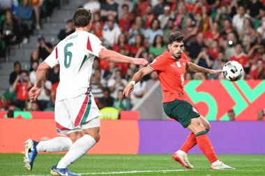 Lizbon, Portekiz. 14 Ekim 2025. Portekiz 'in Pedro Neto forveti, Portekiz' de oynanan FIFA Dünya Kupası 2026 elemeleri için Macaristan 'a karşı Lizbon' daki Estadio Jose Alvalade 'de mücadele ediyor.. 