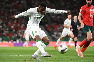 Lizbon, Portekiz. 11 Ekim 2025. İrlanda 'dan Chiedozie Ogbene, Portekiz' de İrlanda ile oynanan FIFA Dünya Kupası 2026 elemelerinde topu Lizbon 'daki Estadio Jose Alvalade' de atıyor.. 