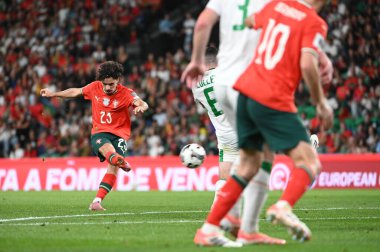 Lizbon, Portekiz. 11 Ekim 2025. Portekiz 'in Vitinha orta saha oyuncusu, Lizbon' daki Estadio Jose Alvalade 'de oynanan FIFA Dünya Kupası 2026 elemelerinde İrlanda' ya karşı top atıyor.. 