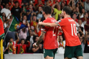 Lizbon, Portekiz. 11 Ekim 2025. Portekizli oyuncular bu golü Portekiz 'de oynanan FIFA Dünya Kupası 2026 elemelerinde Lizbon' daki Estadio Jose Alvalade 'de İrlanda' ya karşı oynadılar.. 