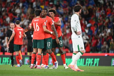 Lizbon, Portekiz. 11 Ekim 2025. Portekizli oyuncular, Portekiz 'in 2026 FIFA Dünya Kupası elemeleri için Lizbon' daki Estadio Jose Alvalade 'de İrlanda' ya karşı kazandığı galibiyeti kutluyor..