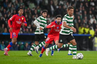 Lizbon, Portekiz. 20 Ocak 2026. Sporting CP 'nin orta saha oyuncusu Hidemasa Morita, Lizbon' daki Estadio Jose Alvalade 'de UEFA Şampiyonlar Ligi için Paris Saint-Germain' e karşı mücadele ediyor..