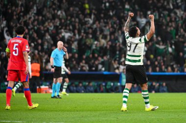 Lizbon, Portekiz. 20 Ocak 2026. Sporting CP 'den Luis Suarez, Lizbon' daki Estadio Jose Alvalade 'de oynanan UEFA Şampiyonlar Ligi için Paris Saint-Germain' e karşı Sporting CP 'nin zaferini kutluyor..