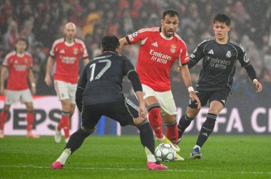 Lisbon, Portugal. 28 January 2026. Vangelis Pavlidis forward of SL Benfica in action during the Benfica against Real Madrid for the UEFA Champions League at Estadio da Luz in Lisbon.