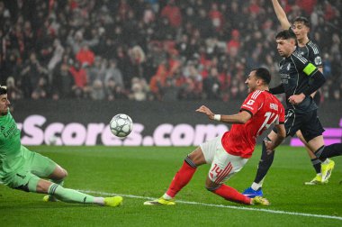 Lizbon, Portekiz. 28 Ocak 2026. SL Benfica 'dan Vangelis Pavlidis Lizbon' daki Estadio da Luz Şampiyonlar Ligi 'nde Real Madrid' e karşı Benfica maçında topu atıyor..