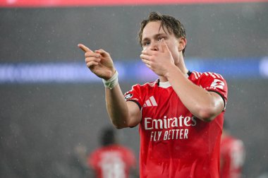 Lizbon, Portekiz. 28 Ocak 2026. SL Benfica 'dan Andreas Schjelderup, Lizbon' da Estadio da Luz 'da oynanan UEFA Şampiyonlar Ligi' nde Real Madrid 'e karşı Benfica maçında gol attı..