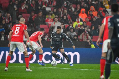 Lizbon, Portekiz. 28 Ocak 2026. Real Madrid 'in Kylian Mbappe forveti Benfica maçında Real Madrid' e karşı Lizbon 'da Estadio da Luz' da mücadele etti..