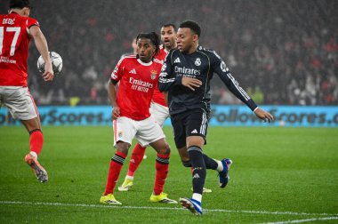 Lizbon, Portekiz. 28 Ocak 2026. Real Madrid 'in Kylian Mbappe forveti Benfica maçında Real Madrid' e karşı Lizbon 'da Estadio da Luz' da mücadele etti..