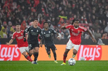 Lisbon, Portugal. 28 January 2026. Leandro Barreiro midfielder of SL Benfica in action during the Benfica against Real Madrid for the UEFA Champions League at Estadio da Luz in Lisbon.