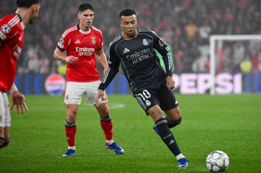 Lizbon, Portekiz. 28 Ocak 2026. Real Madrid 'in Kylian Mbappe forveti Benfica maçında Real Madrid' e karşı Lizbon 'da Estadio da Luz' da mücadele etti..