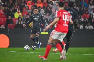 Lizbon, Portekiz. 28 Ocak 2026. Real Madrid 'in Kylian Mbappe forveti Benfica maçında Real Madrid' e karşı Lizbon 'da Estadio da Luz' da mücadele etti..