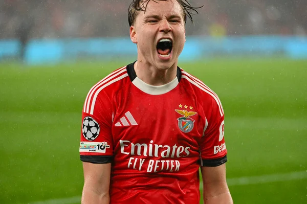 Lizbon, Portekiz. 28 Ocak 2026. SL Benfica 'dan Andreas Schjelderup, Lizbon' da Estadio da Luz 'da oynanan UEFA Şampiyonlar Ligi' nde Real Madrid 'e karşı Benfica maçında gol attı..