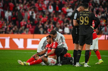 SL Benfica forveti Vangelis Pavlidis Lizbon, Portekiz 'de faul yaptı. 08 Mart 2026: Lizbon 'daki Estadio da Luz' da Liga Portekiz için Porto 'ya karşı Benfica.