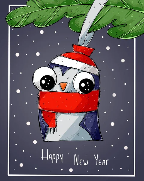 Рождественская Открытка Пингвином Ветке Рождественской Елки — стоковое фото