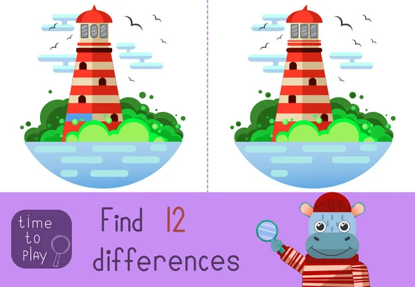Child Game Find Difference Lighthouse Colors — Stock Vector