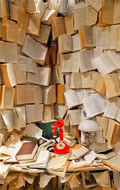 Kitapların arka planında kırmızı telefon