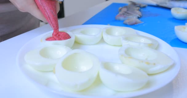 Cooking dishes from boiled eggs — Stock Video