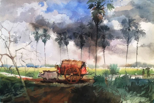 Chariot Boeufs Aquarelle Paysage Nature Sur Illustration Dessinée Main Premium — Image vectorielle