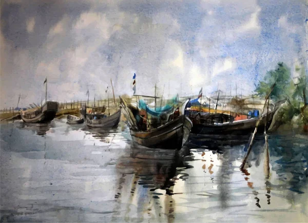 Aquarelle Bateaux Pêche Sur Eau Dans Mer Avec Beau Ciel — Image vectorielle