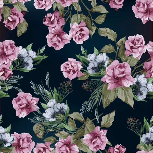 ピンクのバラとシームレスな花のパターン — ストックベクタ