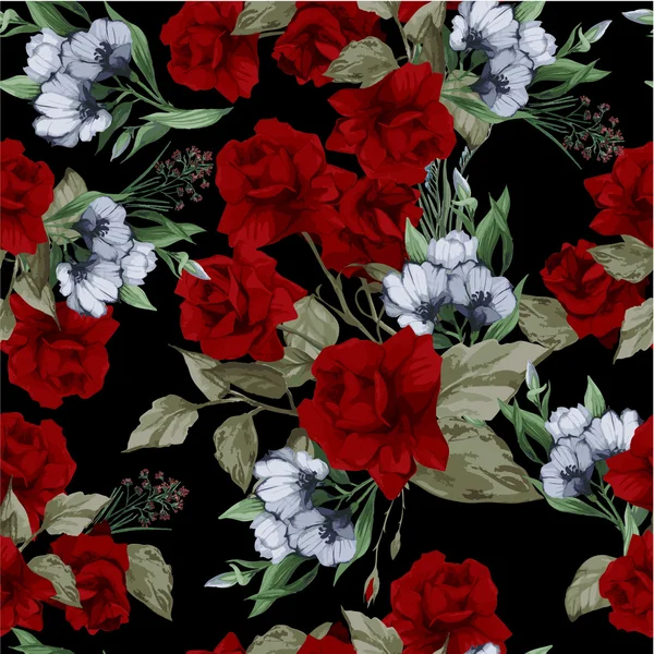 Seamless floral pattern with red roses — Stock Vector