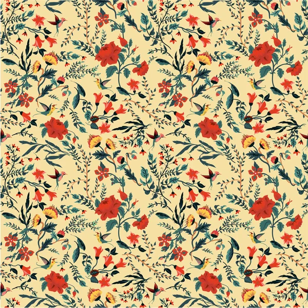 Motif floral avec roses et oiseaux — Image vectorielle