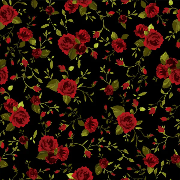 Patrón floral sin costura vectorial con rosas rojas sobre fondo negro — Archivo Imágenes Vectoriales