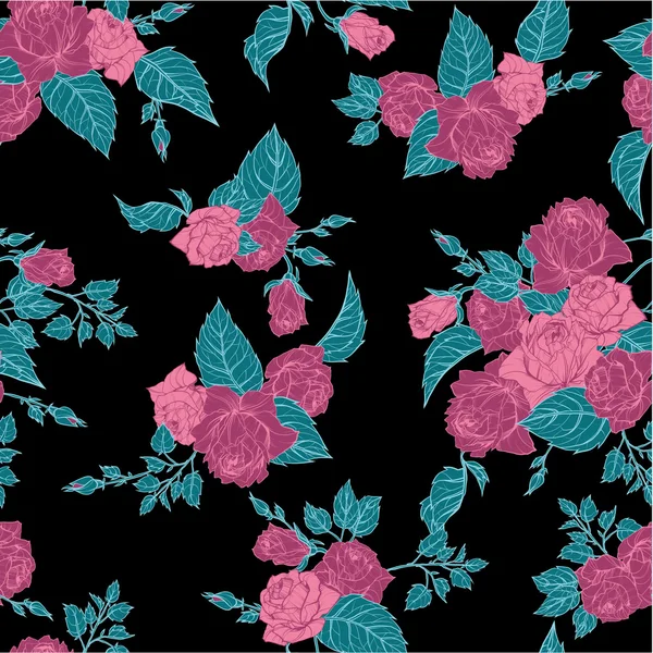 Motif floral sans couture avec contour roses roses — Image vectorielle